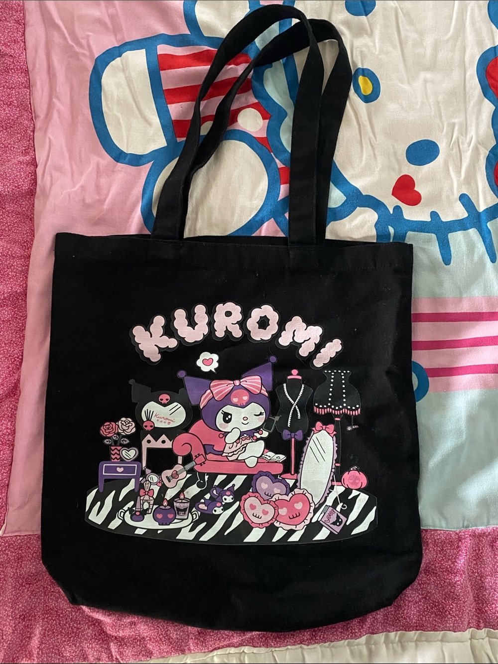 Hand Crafted Black Tote with Pink and Purple Kuromi Graphic🖤🖤